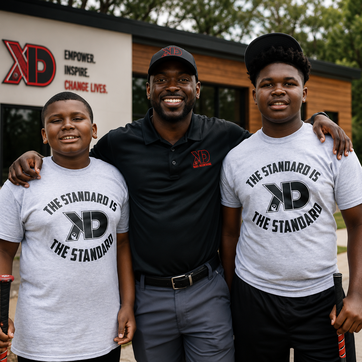 Mentor and young men in Kut Different shirts standing together outside the KD center in Ocala, Florida.