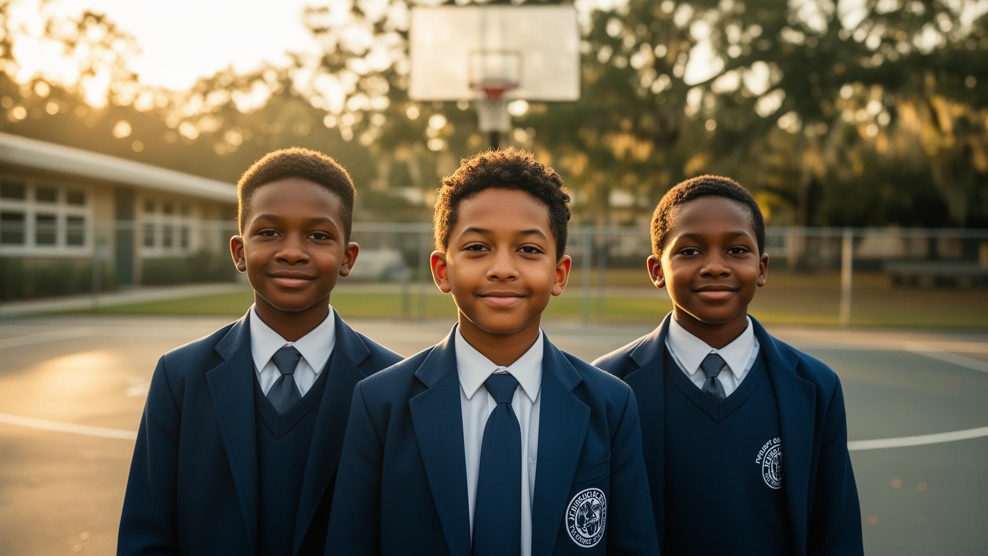 Young men in Marion County school uniforms standing together with their mentors.